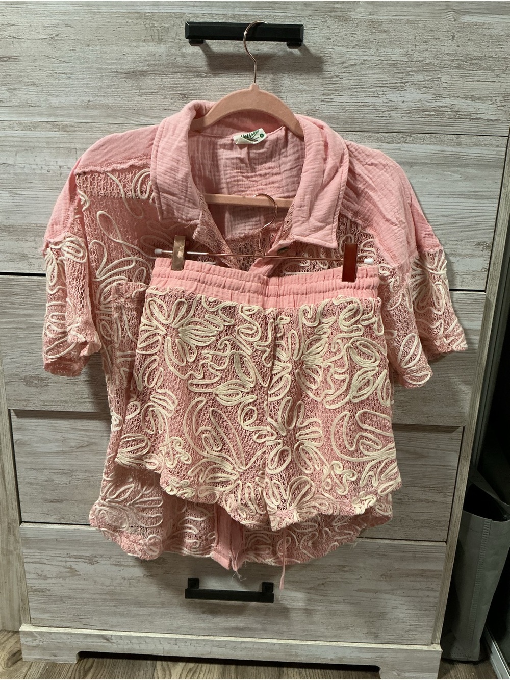 Women's Pink Embroidered Button-Down Shirt - Relaxed Short Sleeve